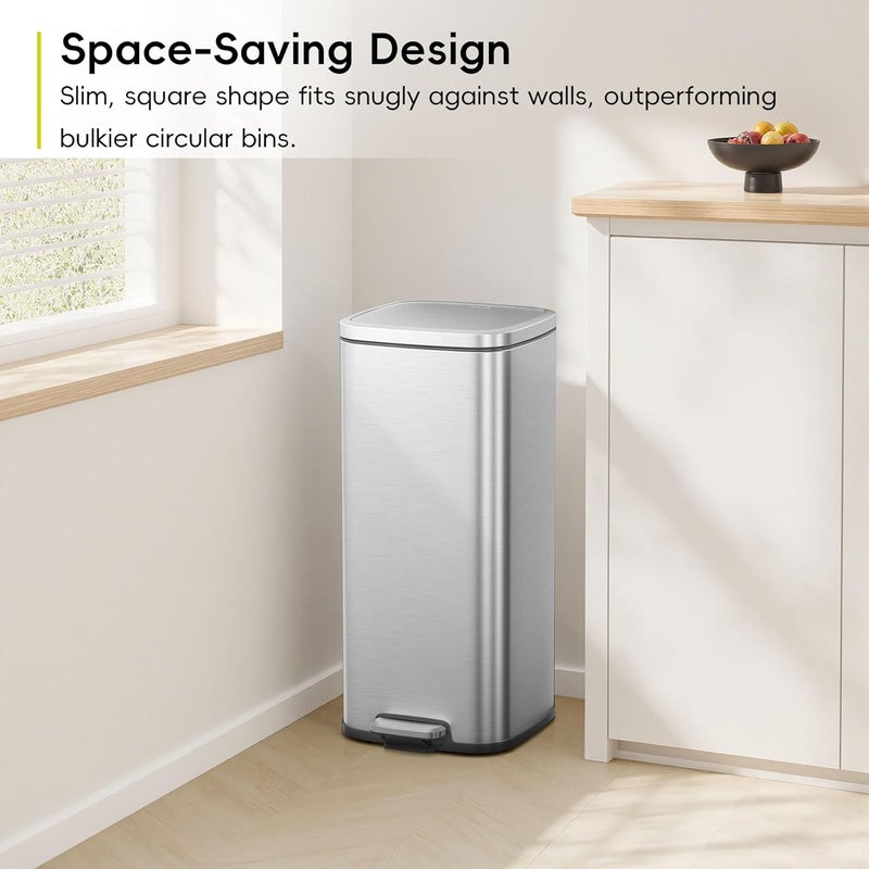 EKO 30L Square Step Bin Stella - Silver | Large Pedal Bin with Soft-Close Lid | Fingerprint-Resistant Finish | Removable Inner Liner - Image 3