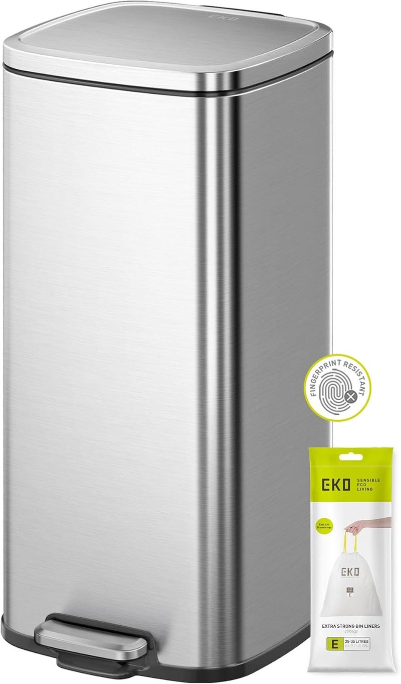 EKO 30L Square Step Bin Stella - Silver | Large Pedal Bin with Soft-Close Lid | Fingerprint-Resistant Finish | Removable Inner Liner - Image 1