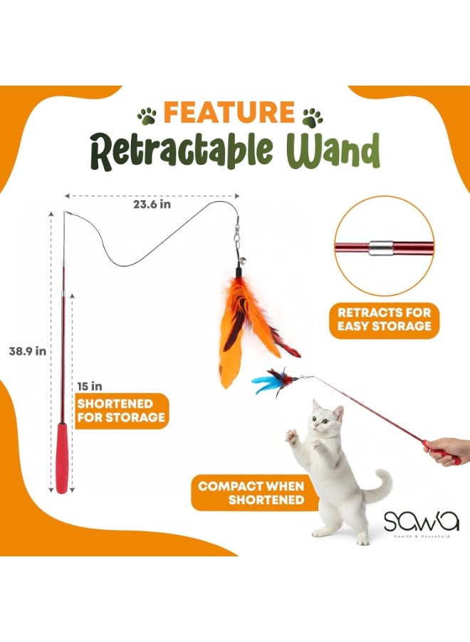 م.ا & ف'س ألعاب عصا تفاعلية للقطط - عصا قابلة للسحب مع جرس وريش قابل لإعادة التعبئة، ألعاب مسلية للقطط المنزلية للمطاردة واللعب والتمرين (عصاتان و9 عبوات إعادة تعبئة) - Image 4