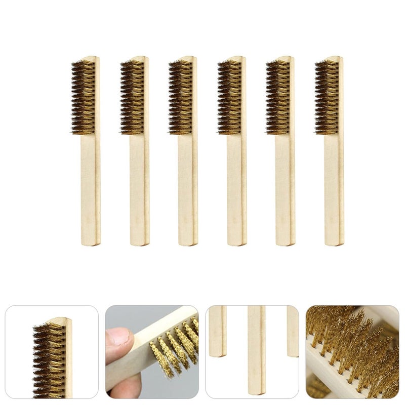 6Pcs Copper Wire Brushes with Wooden Handles for Rust Removal and Metal Surface Cleaning - Image 3