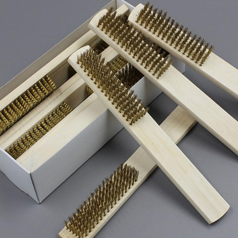 6Pcs Copper Wire Brushes with Wooden Handles for Rust Removal and Metal Surface Cleaning - Image 4