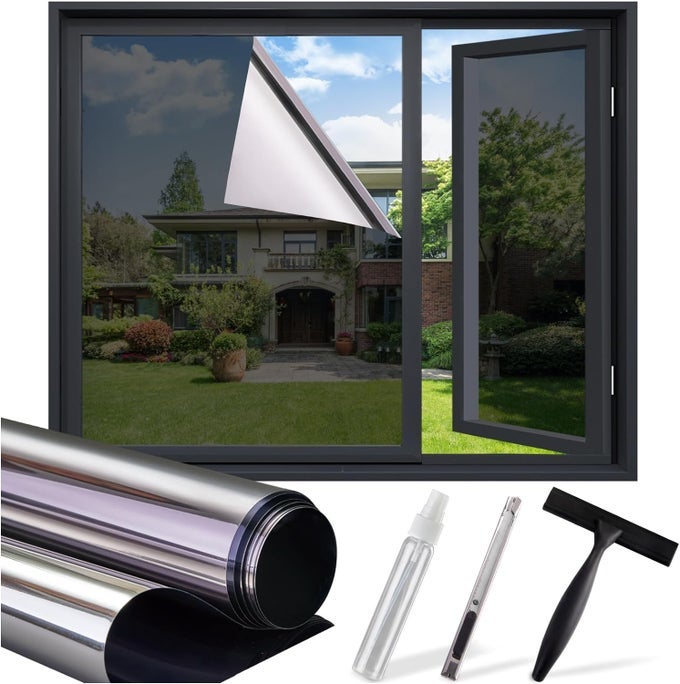 ONE WAY PRIVACY WINDOW FILM REFLECTIVE WINDOW TINT FOR HOME HEAT BLOCKING UV PROTECTION SEE OUT NOT IN MIRROR DAYTIME PRIVACY STATIC CLINGS FOR HOUSE GLASS DOORS 3 TOOLS BLACK354X787