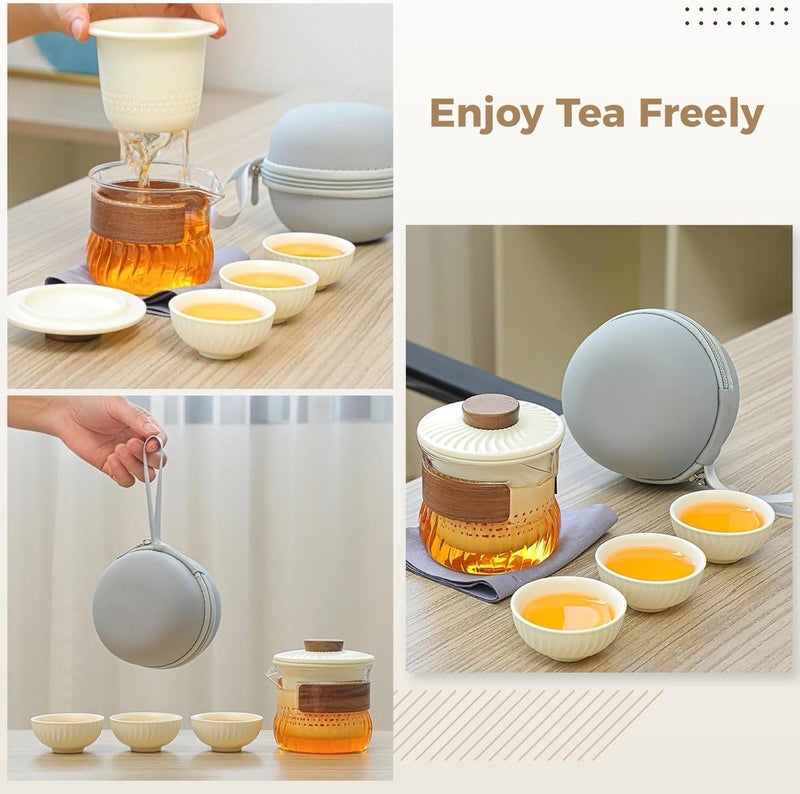 Portable Chinese Kung Fu Tea Set with Ceramic Cups & Glass Infuser, Complete Teapot Set with Carry Bag for Loose Leaf Tea, Compact & Travel-Ready - Image 5