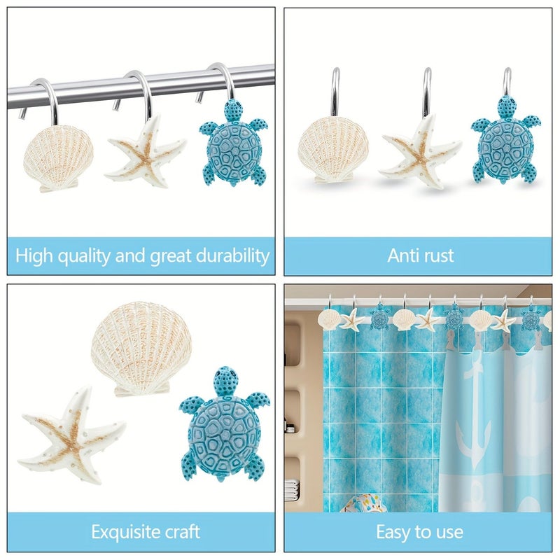 Blue Starfish Dolphin Conch Resin Shower Curtain Hooks 12 Pcs Cartoon Ocean Animal Decor - Image 4