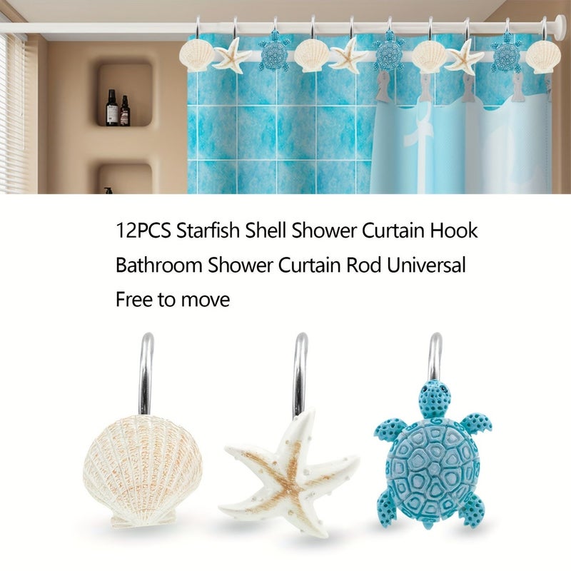 Blue Starfish Dolphin Conch Resin Shower Curtain Hooks 12 Pcs Cartoon Ocean Animal Decor - Image 2