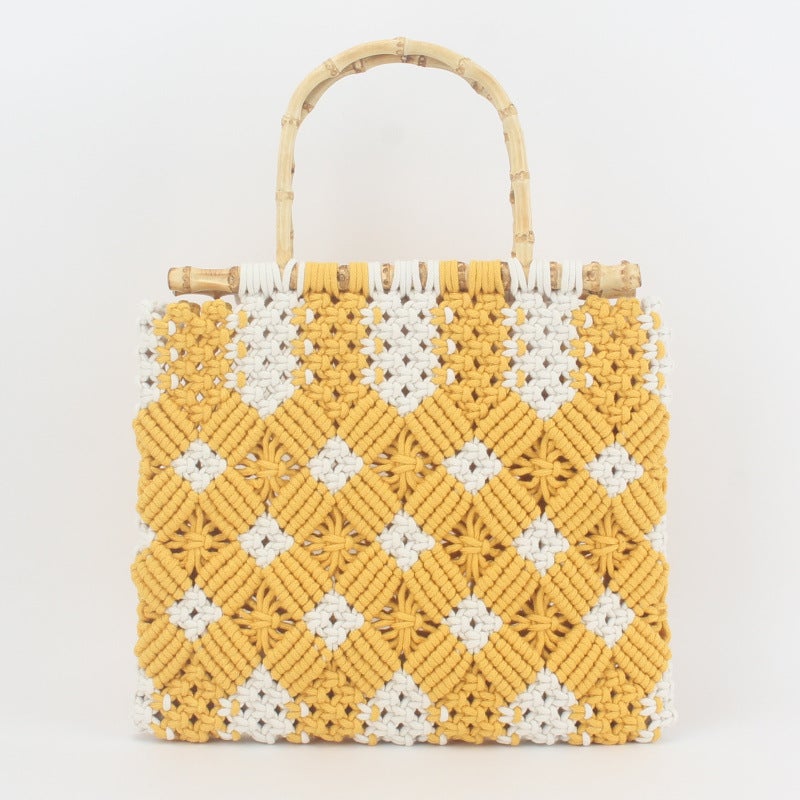 Factory direct new solid color hand woven bag trendy womens forest bamboo handlebar cotton rope beach leisure bag Yellow