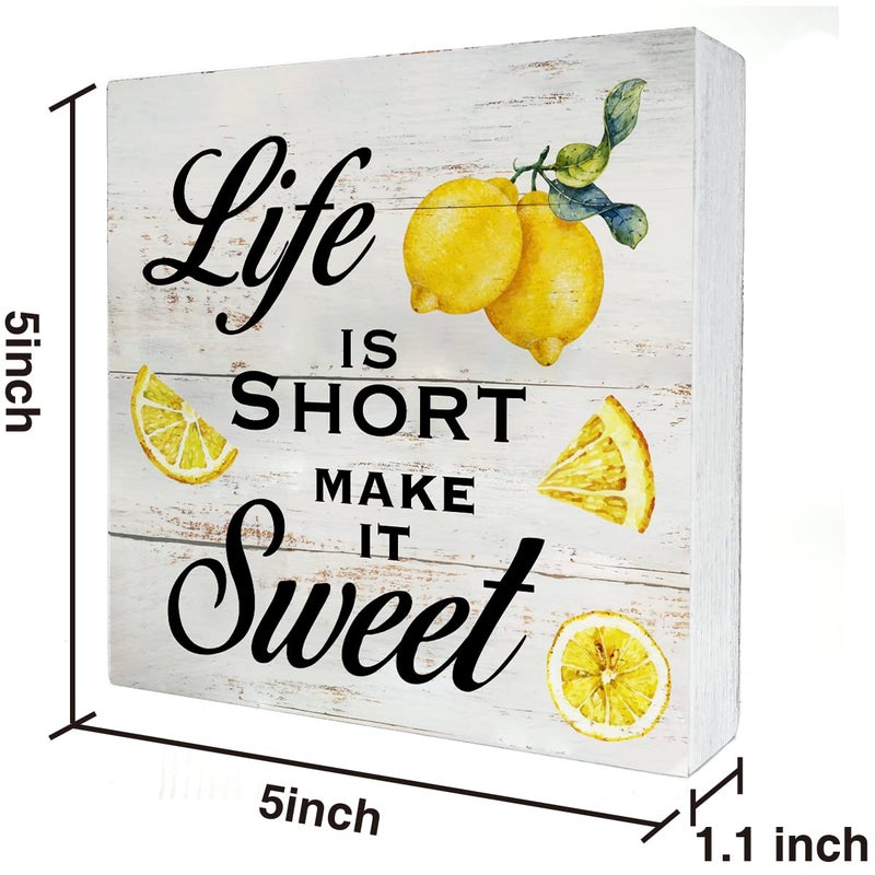 MAVOTEN Inspirational Quote Life is Short Make it Sweet Wood Box Sign Rustic Lemon Print Wooden Box Sign Farmhouse Home Kitchen Desk Shelf Decor (5 X 5 Inch) - Image 2