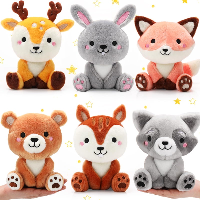 RoundFunny 6 Pcs Woodland Animals Toys 7 Inch Bear Rabbit Squirrel Deer Raccoon Fox Large Stuffed Animals Bulk for Woodland Baby Showers Party Decor Birthday Gifts Classroom Teacher Student Awards - Image 3