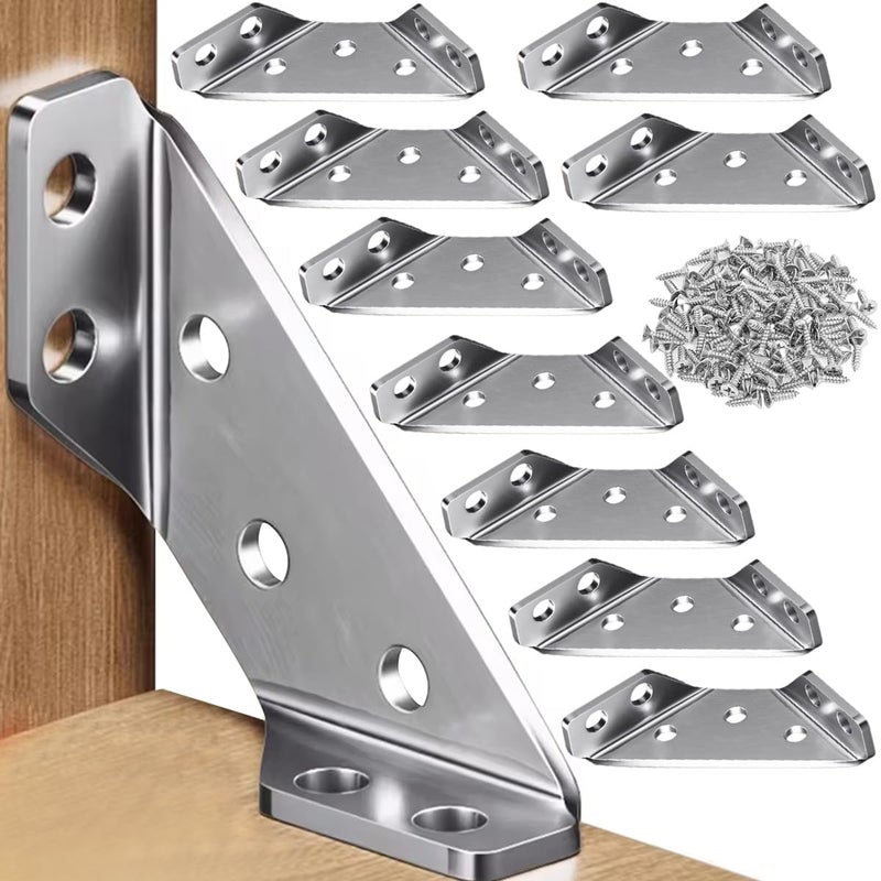 NETZILLA 10Pcs Shelf Brackets with 60Pcs Screws, 2MM Thickening Furniture Corner Connector, Stainless Steel Angle Corner Bracket, Heavy Duty Corner Bracket for Wooden Panel, Woodworking, Crafting - Image 1