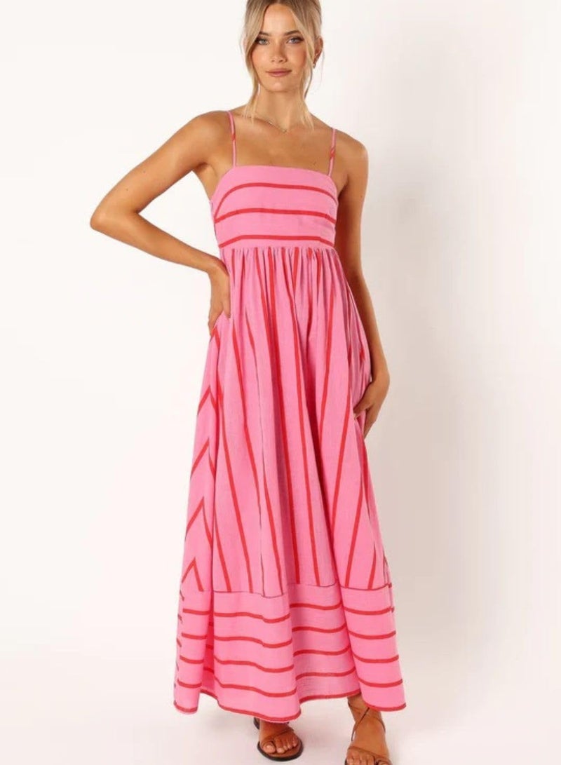 yoeasy Women's Striped Spaghetti Strap Cutout Maxi Dress Sleeveless Backless Flowy Swing Long Dress (Small, Red) - Image 4