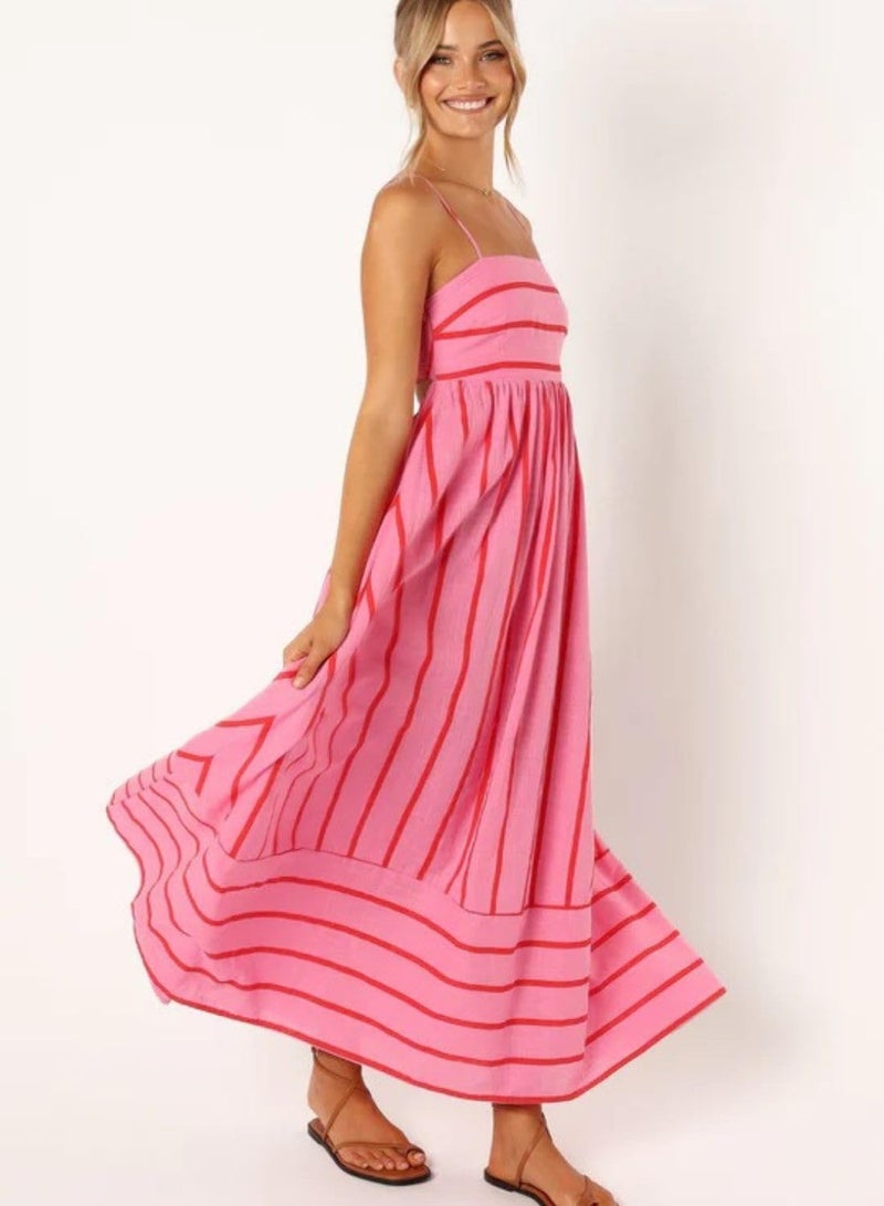yoeasy Women's Striped Spaghetti Strap Cutout Maxi Dress Sleeveless Backless Flowy Swing Long Dress (Small, Red) - Image 2