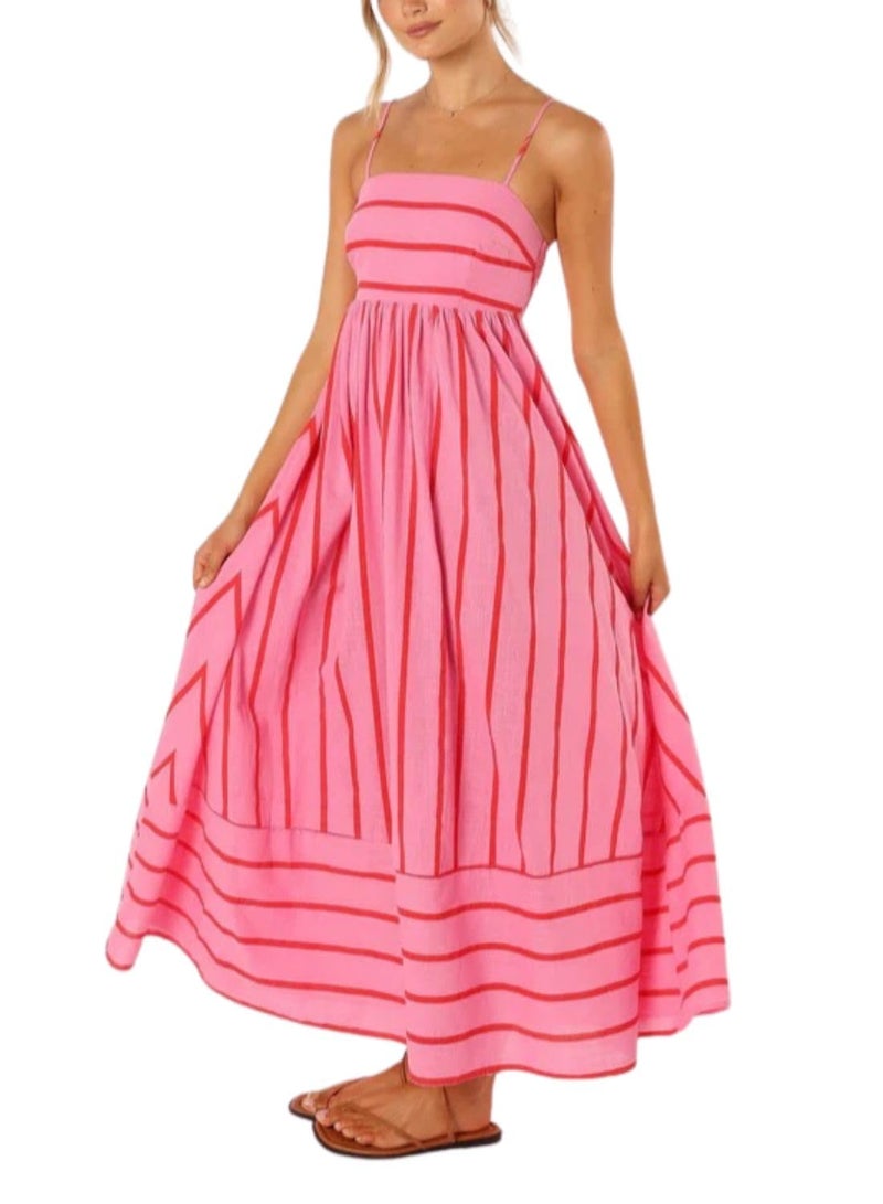 yoeasy Women's Striped Spaghetti Strap Cutout Maxi Dress Sleeveless Backless Flowy Swing Long Dress (Small, Red) - Image 1