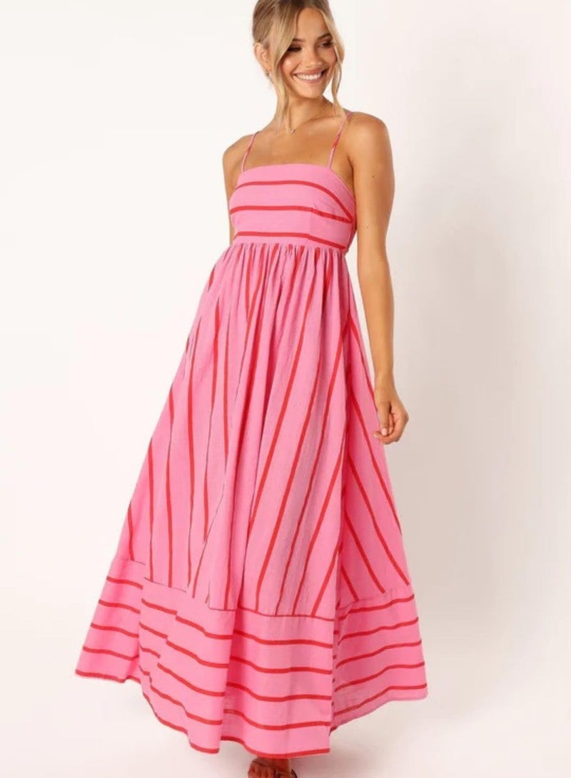 yoeasy Women's Striped Spaghetti Strap Cutout Maxi Dress Sleeveless Backless Flowy Swing Long Dress (Small, Red) - Image 5