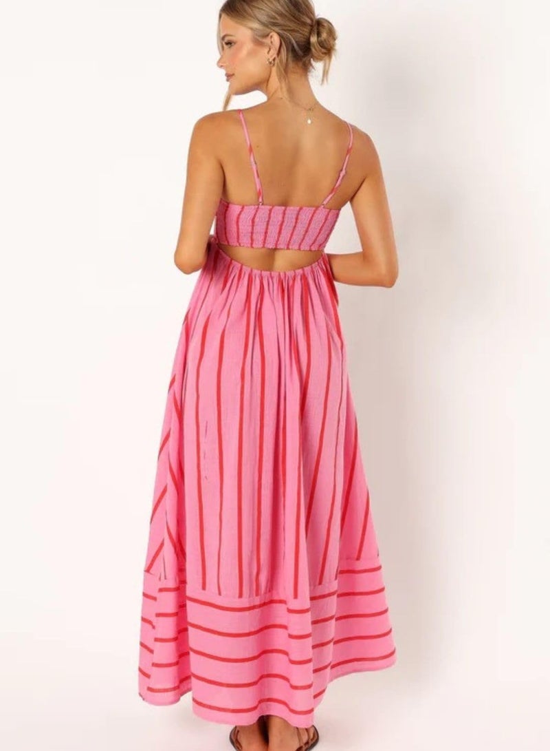 yoeasy Women's Striped Spaghetti Strap Cutout Maxi Dress Sleeveless Backless Flowy Swing Long Dress (Small, Red) - Image 3