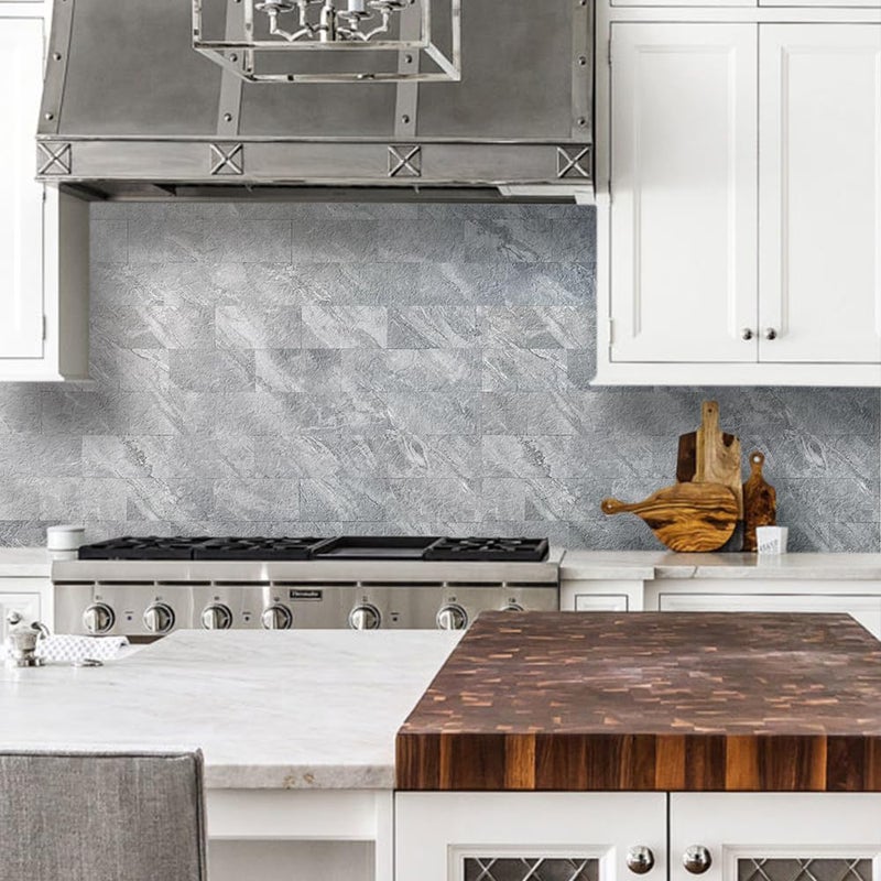 AULIGET 100-Piece Peel and Stick Backsplash Wall Tiles  3"" x 6"" PVC Grey Marble Faux Stick on Tiles for Backsplash Kitchen  Bathroom  Laundry Room  Camper  Fireplace - Image 2