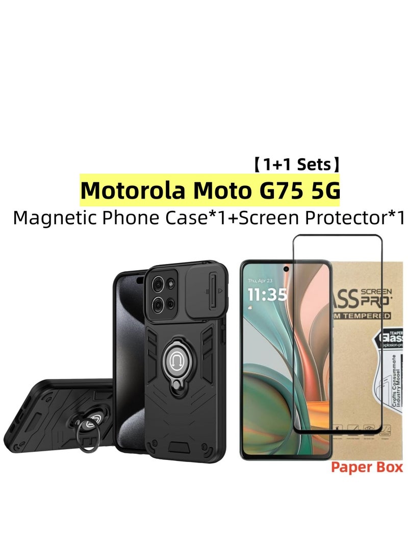 [1+1 Sets] For Motorola Moto G75 5G Case & Screen Protector Built Slide Camera Protection Cover Heavy Duty Protective Magnetic Phone Case with 1 Tempered Glass Screen Protector  - Image 1