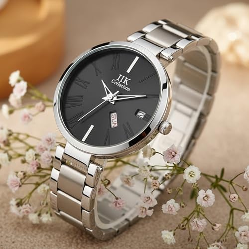 IIK COLLECTION Watches for Women Round Studded Dial |Day and Date Quartz Movemnet |Long Battery Life|Stainless Steel Bracelet Chain Strap|Double Lock Clasp Safety Watches for Girls (Black) - Image 1