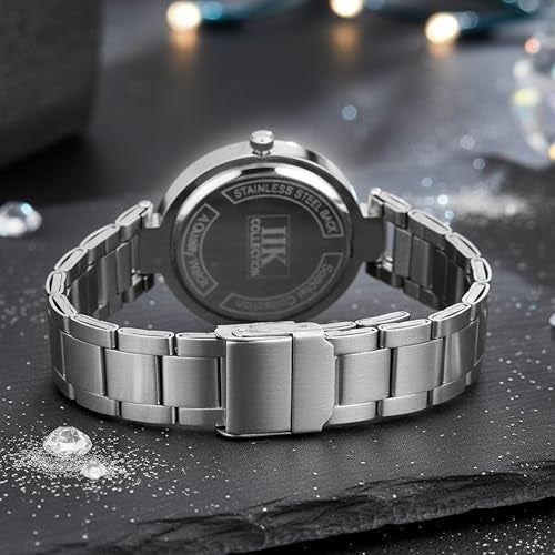 IIK COLLECTION Watches for Women Round Studded Dial |Day and Date Quartz Movemnet |Long Battery Life|Stainless Steel Bracelet Chain Strap|Double Lock Clasp Safety Watches for Girls (Black) - Image 5