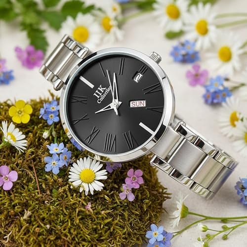 IIK COLLECTION Watches for Women Round Studded Dial |Day and Date Quartz Movemnet |Long Battery Life|Stainless Steel Bracelet Chain Strap|Double Lock Clasp Safety Watches for Girls (Black) - Image 2