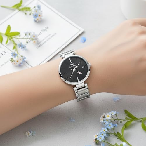 IIK COLLECTION Watches for Women Round Studded Dial |Day and Date Quartz Movemnet |Long Battery Life|Stainless Steel Bracelet Chain Strap|Double Lock Clasp Safety Watches for Girls (Black) - Image 4
