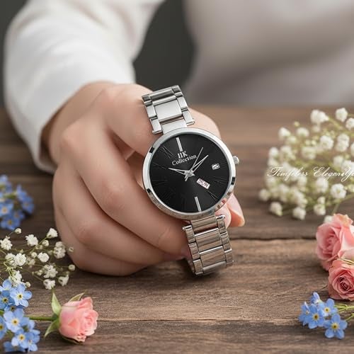 IIK COLLECTION Watches for Women Round Studded Dial |Day and Date Quartz Movemnet |Long Battery Life|Stainless Steel Bracelet Chain Strap|Double Lock Clasp Safety Watches for Girls (Black) - Image 3