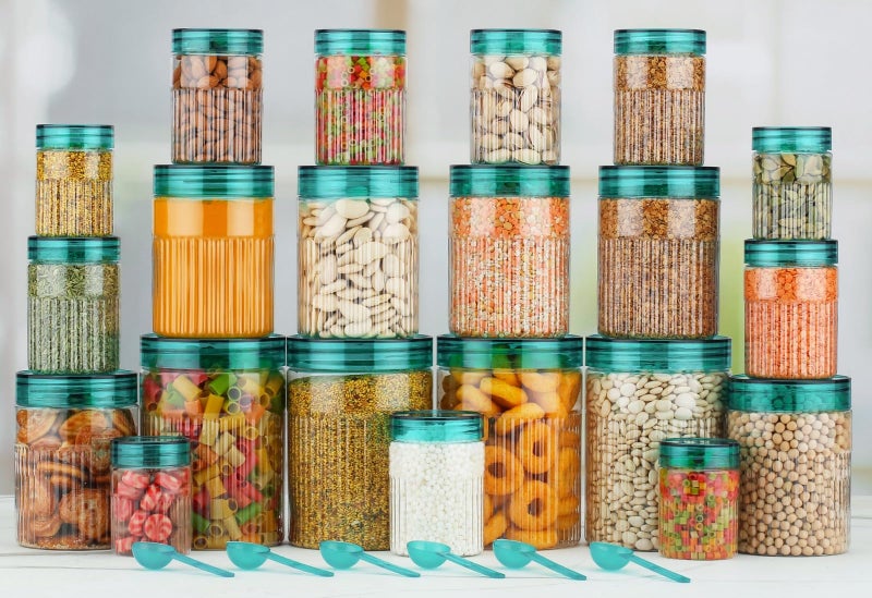HAPPI Multipurpose Unbreakable Plastic Transparent Glossy Container Set Masala Box For Kitchen Storage Box Dabba For Spice, Pack of 18- Sea Green (6 Pcs of Each 350ml, 650ml, 1200ml with 18 Spoons) - Image 4