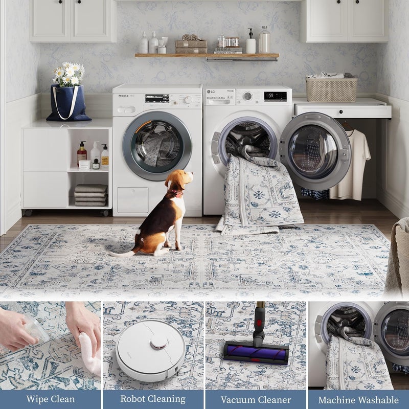 jinchan Lima Runner Rug 2x6 - Vintage Hallway Machine Washable Rug Floral Non Slip with Rubber Backing Ultra-Thin Carpet Runner for Kitchen Bedroom Laundry Room Farmhouse Entryway (2x6ft,Blue) - Image 4