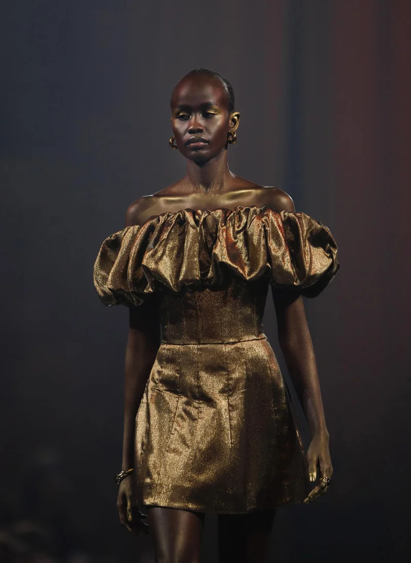 Lichi Metallic mini dress with voluminous detail on the bodice