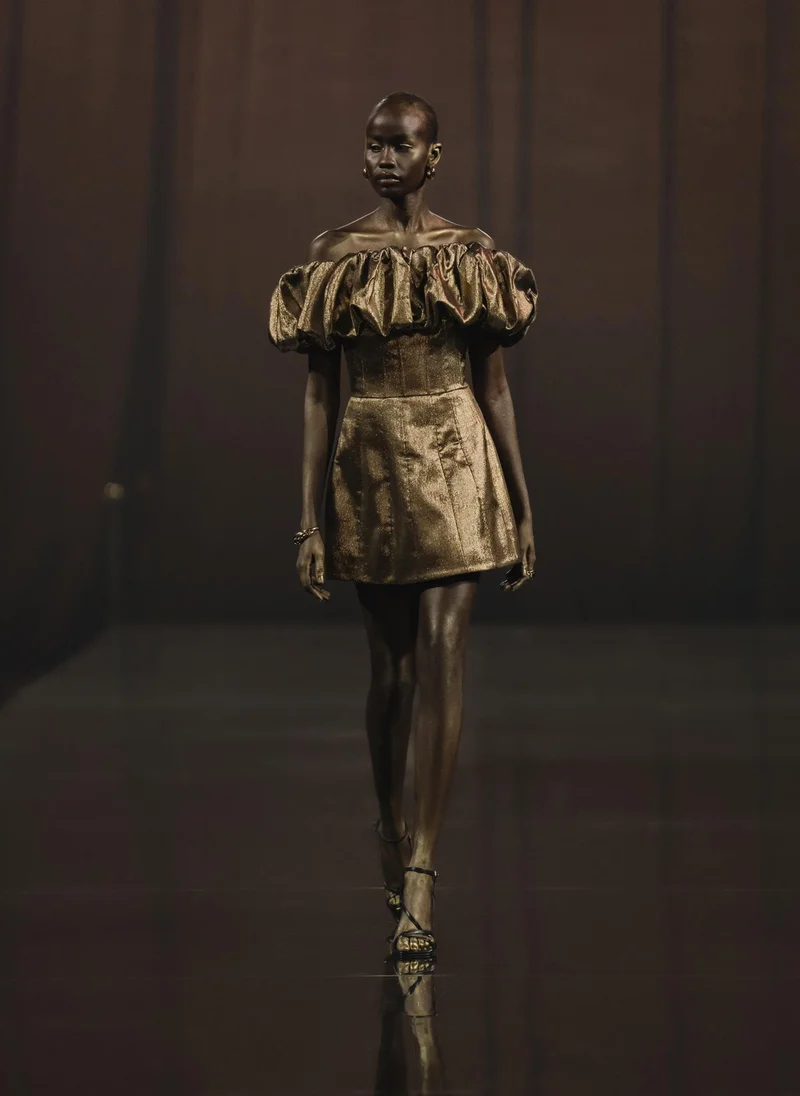 Lichi Metallic mini dress with voluminous detail on the bodice