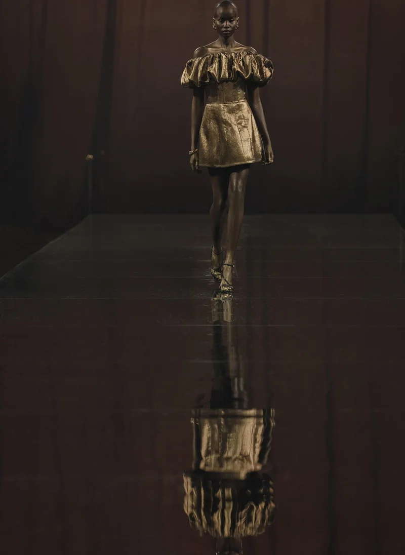 Lichi Metallic mini dress with voluminous detail on the bodice