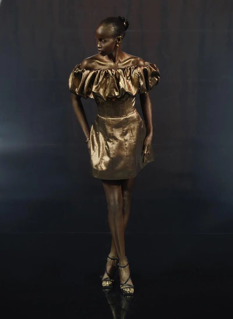 Lichi Metallic mini dress with voluminous detail on the bodice