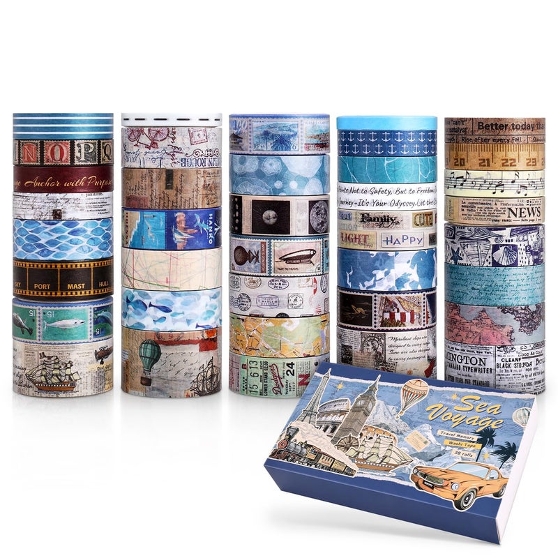 emmoolife 38 Rolls Vintage Washi Tape Set, Vintage Travel Stamp Map Scenery Art Letter Writable Decorative Tapes for Scrapbooking , Junk Journal Supplies, Bullet Journaling 5-25mm Wide 9.84ft long/Roll - Image 2