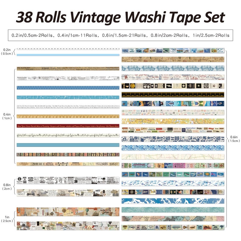 emmoolife 38 Rolls Vintage Washi Tape Set, Vintage Travel Stamp Map Scenery Art Letter Writable Decorative Tapes for Scrapbooking , Junk Journal Supplies, Bullet Journaling 5-25mm Wide 9.84ft long/Roll - Image 3