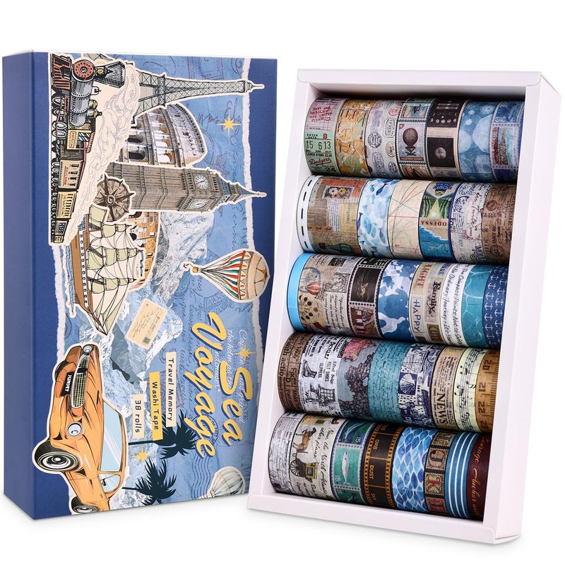 emmoolife 38 Rolls Vintage Washi Tape Set, Vintage Travel Stamp Map Scenery Art Letter Writable Decorative Tapes for Scrapbooking , Junk Journal Supplies, Bullet Journaling 5-25mm Wide 9.84ft long/Roll - Image 1