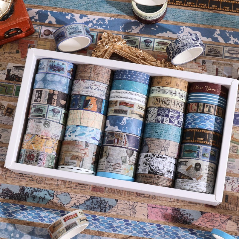 emmoolife 38 Rolls Vintage Washi Tape Set, Vintage Travel Stamp Map Scenery Art Letter Writable Decorative Tapes for Scrapbooking , Junk Journal Supplies, Bullet Journaling 5-25mm Wide 9.84ft long/Roll - Image 4