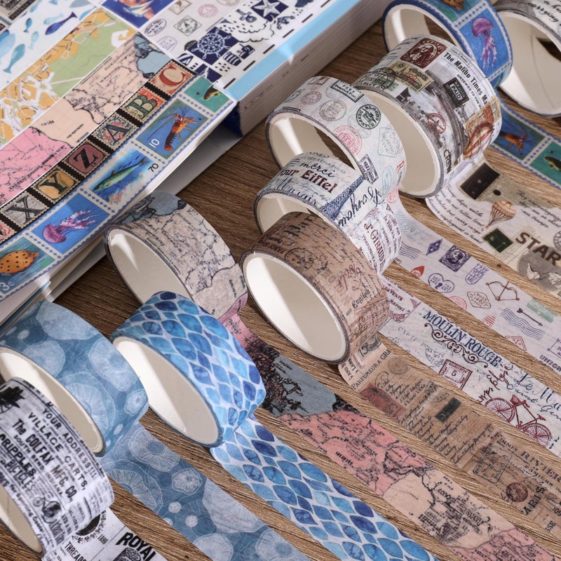emmoolife 38 Rolls Vintage Washi Tape Set, Vintage Travel Stamp Map Scenery Art Letter Writable Decorative Tapes for Scrapbooking , Junk Journal Supplies, Bullet Journaling 5-25mm Wide 9.84ft long/Roll - Image 5