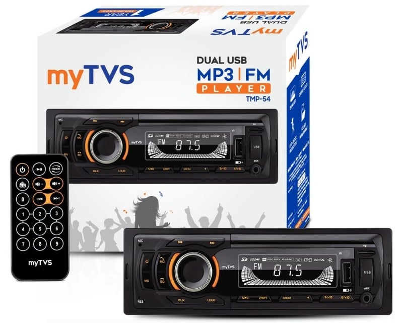 myTVS مشغل وسائط MP3 عالمي من myTVS بتصميم DIN مفرد لجميع السيارات | مشغل موسيقى للسيارة مع بلوتوث | نظام ستيريو للسيارة (موسيقى وشحن)، مدخل AUX، راديو FM، مكالمات بدون استخدام اليدين وتحكم عن بعد | TMP-54 - Image 1