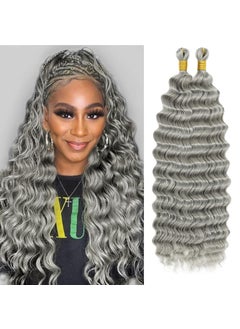Eerya Eerya Long Curly Braiding Hair 18 Inch 2 Packs Grey Ocean Wave Crochet Hair for Black Women Deep Wave Braiding Hair for Boho Braids 18 inch Grey 