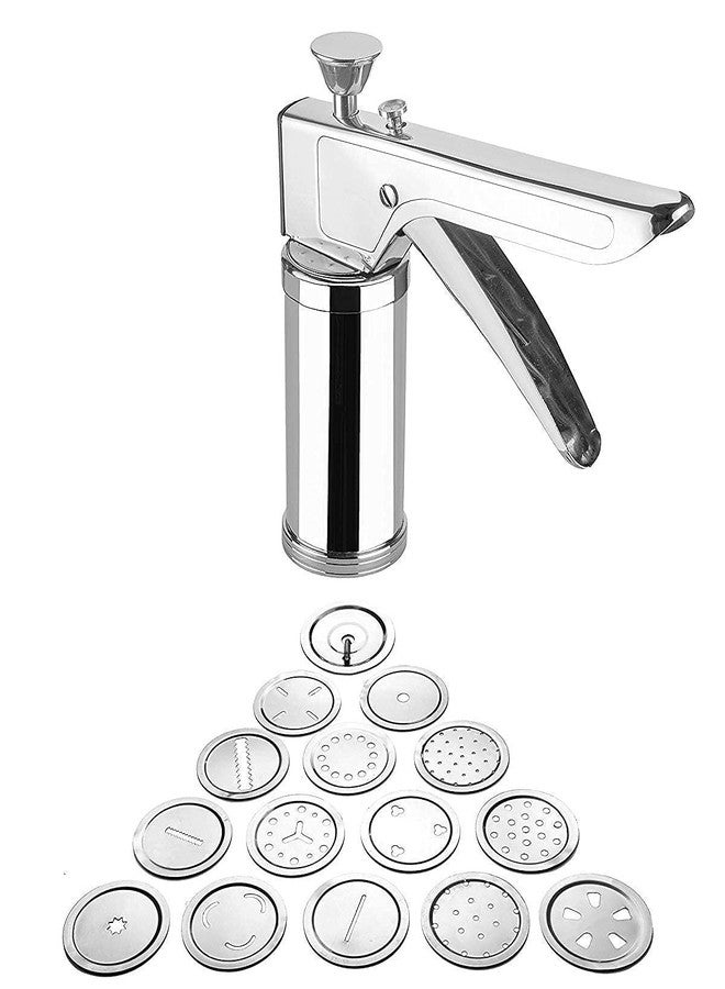 Megika Stainless Steel Kitchen Press 15 Different Disc Grater & Cookies | Indian Snakes | Murukku Maker | Farsan Sev Maker with Stainless Steel Jalis (Silver) - Image 1
