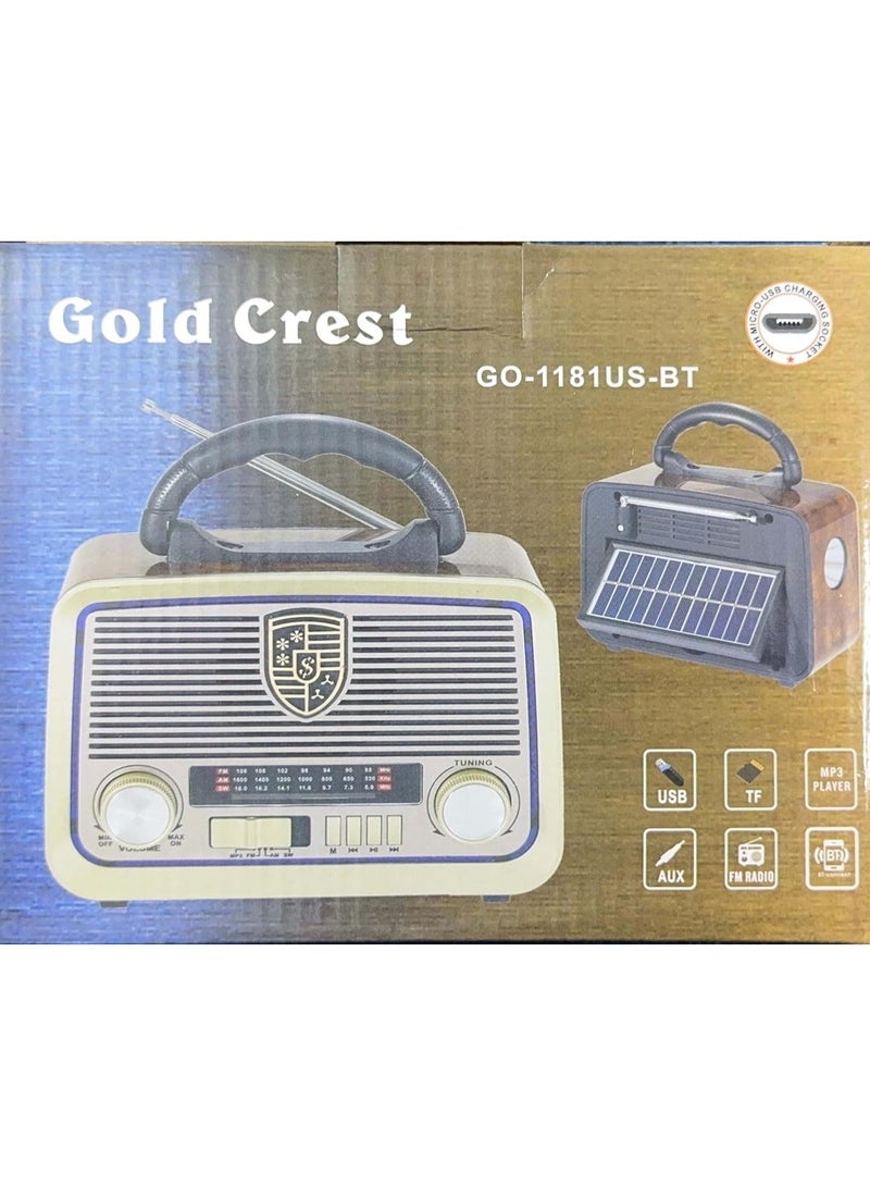 Gold Crest Old Radio Speaker Bluetooth & HIFI-Speaker with Solar Panels, Sd Card, Usb And Aux Port, Radio FM/ AM/SW Brown wood Portable Audio TF Card USB Flash disk Aux playback, GO-1182US-BT - Image 3