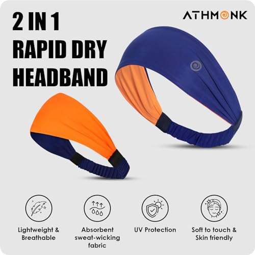 Athmonk Lycra Multipurpose Reversible Headband For Men Women, Colorful Stylish Sweatband Quick Dry Manage Long Hair Wide Snug Fit Elastic For Sports, Running, Gym, Cricket, Badminton, Orange - Image 2