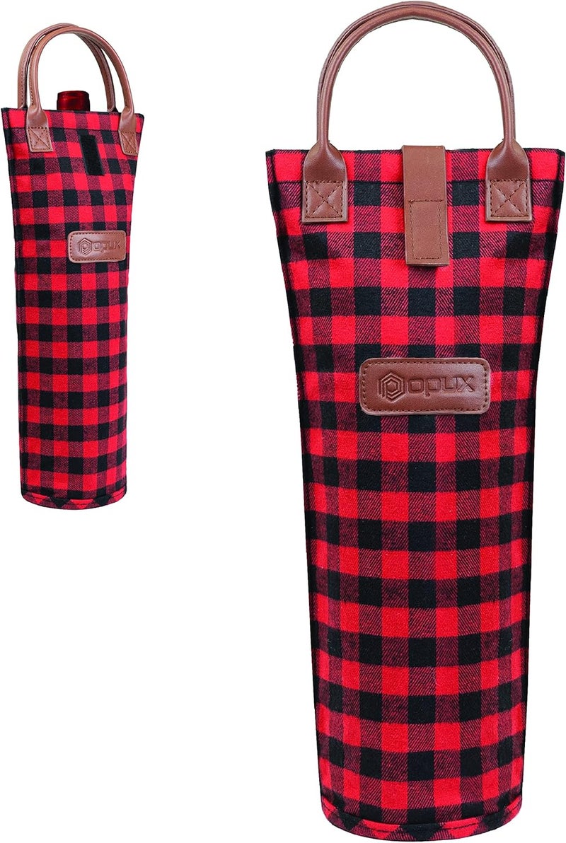 OPUX Wine Bag Single Bottle Carrier Tote, Insulated Travel Wine Cooler Bag for Picnic Beach Gift, Thermal Padded Portable One Bottle Holder Carrying Case for Women Men Wine Lovers, Plaid Buffalo Red - Image 1