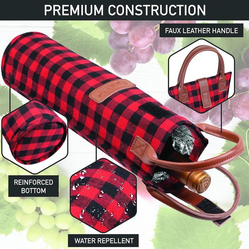 OPUX Wine Bag Single Bottle Carrier Tote, Insulated Travel Wine Cooler Bag for Picnic Beach Gift, Thermal Padded Portable One Bottle Holder Carrying Case for Women Men Wine Lovers, Plaid Buffalo Red - Image 5