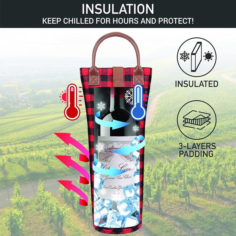 OPUX Wine Bag Single Bottle Carrier Tote, Insulated Travel Wine Cooler Bag for Picnic Beach Gift, Thermal Padded Portable One Bottle Holder Carrying Case for Women Men Wine Lovers, Plaid Buffalo Red - Image 2