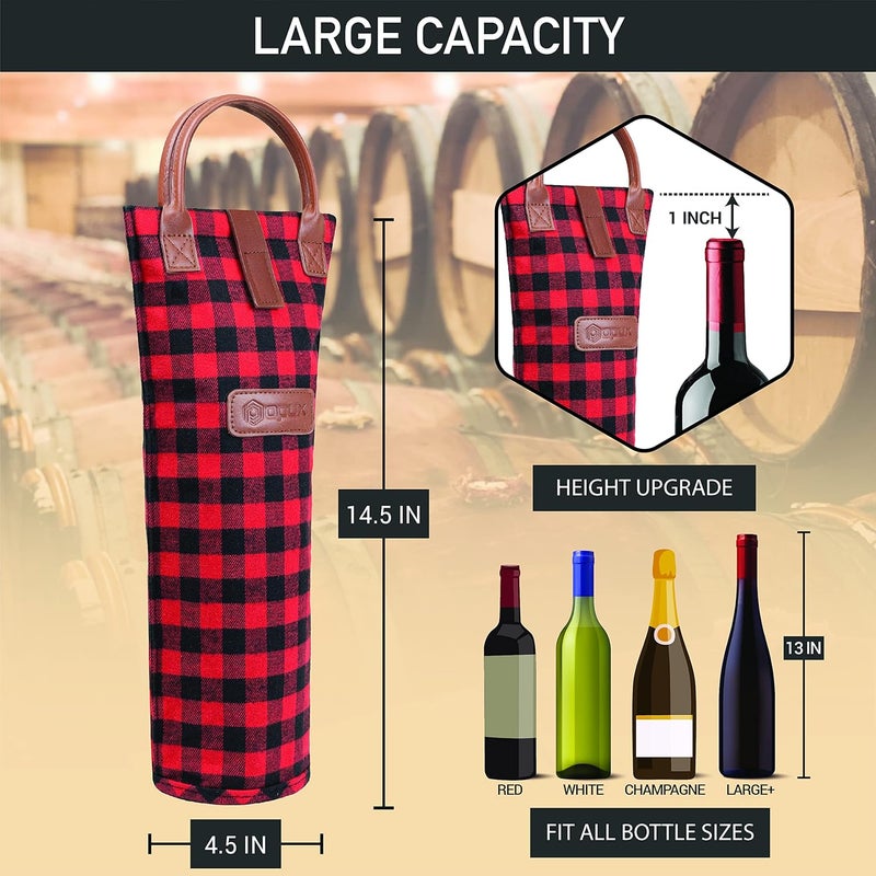 OPUX Wine Bag Single Bottle Carrier Tote, Insulated Travel Wine Cooler Bag for Picnic Beach Gift, Thermal Padded Portable One Bottle Holder Carrying Case for Women Men Wine Lovers, Plaid Buffalo Red - Image 3