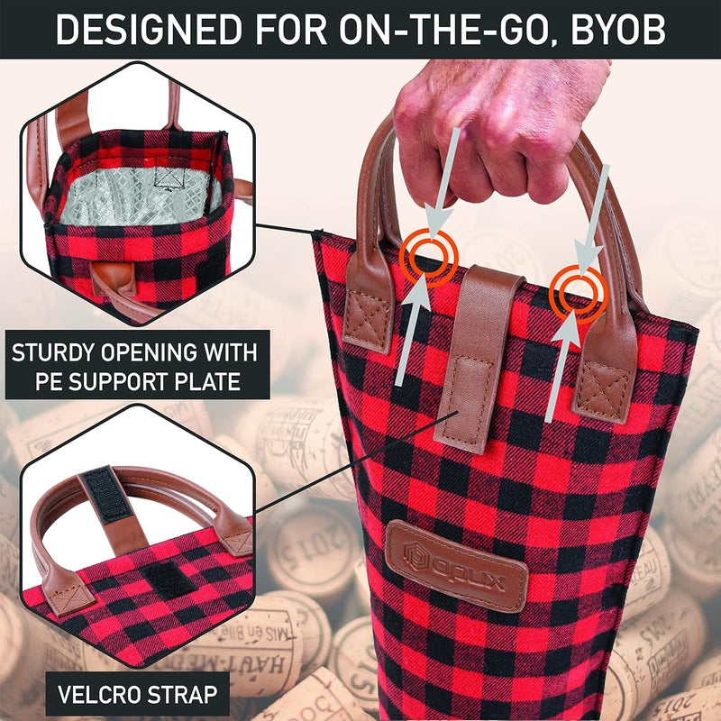 OPUX Wine Bag Single Bottle Carrier Tote, Insulated Travel Wine Cooler Bag for Picnic Beach Gift, Thermal Padded Portable One Bottle Holder Carrying Case for Women Men Wine Lovers, Plaid Buffalo Red - Image 4