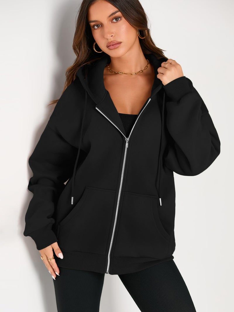 EFAN Women Zip Up Hoodies Oversized Sweatshirt Jacket 2024 Fall Fleece Cute Pullover Hooded Tops Teen Girls Casual Loose Fit Y2k Trendy Fashion Gym Clothes Outfits Black M - Image 4