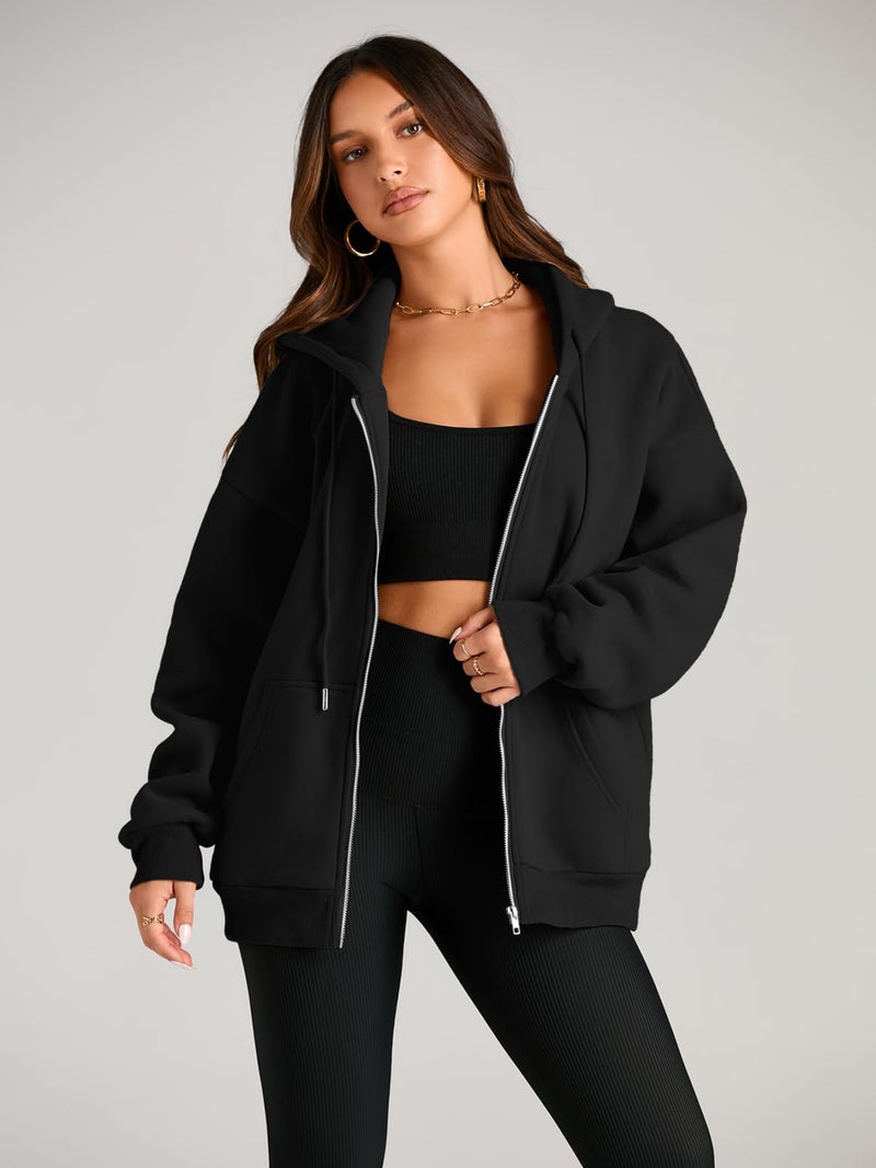 EFAN Women Zip Up Hoodies Oversized Sweatshirt Jacket 2024 Fall Fleece Cute Pullover Hooded Tops Teen Girls Casual Loose Fit Y2k Trendy Fashion Gym Clothes Outfits Black M - Image 3