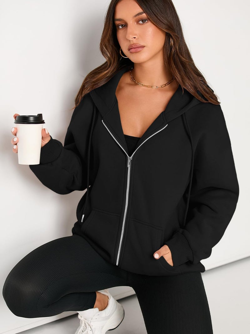 EFAN Women Zip Up Hoodies Oversized Sweatshirt Jacket 2024 Fall Fleece Cute Pullover Hooded Tops Teen Girls Casual Loose Fit Y2k Trendy Fashion Gym Clothes Outfits Black M - Image 2