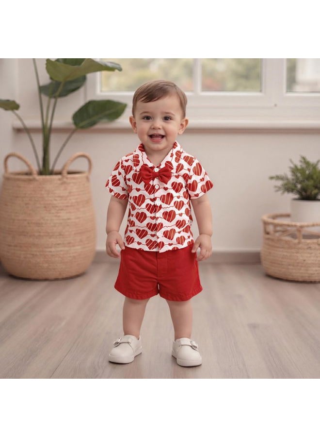 Thorn Tree Toddler Boy Valentines Day Outfit Bow Tie Short Sleeve Shirt Baby Shorts Gentleman Suit Valentines Clothes, Red, 3-4 years - Image 2
